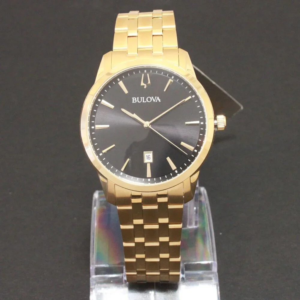 Bulova Men's Classic Sutton Watch Gold Tone Black Dial Date At Six 40mm